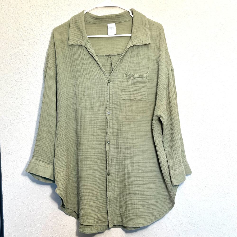 Kona Sol Green Cotton Gauze 3/4 Sleeve Button Up Tunic Large Relaxed Coastal